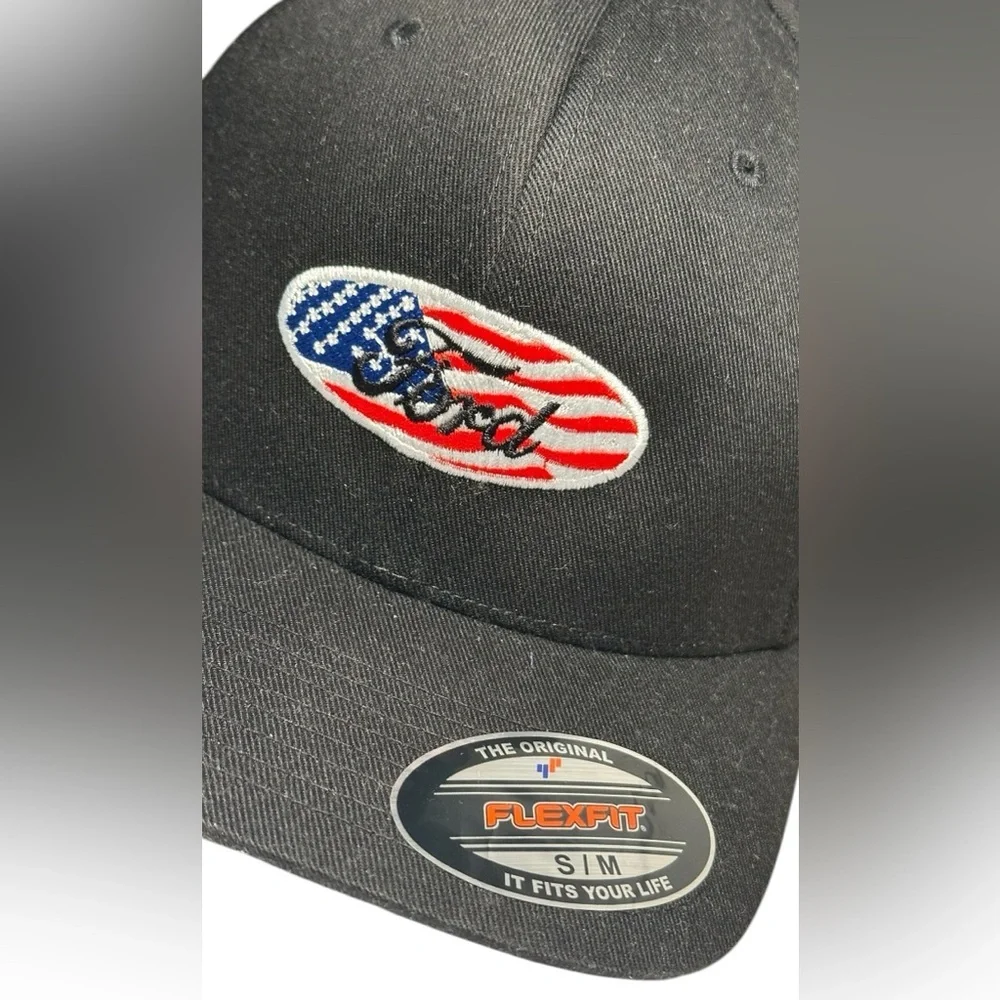 Ford Men's Black Flexfit Baseball Cap with American Flag Patch